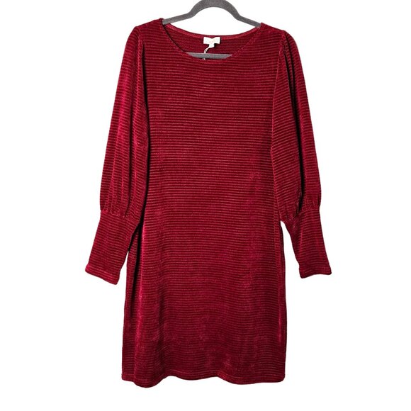 NWT Chenault Women's XL Burgundy Maroon Ox Blood Ribbed Velvet Long Sleeve Dress - Picture 1 of 6